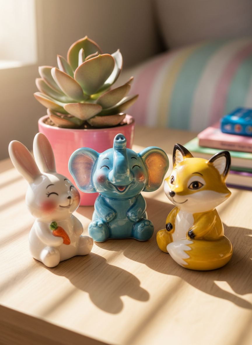 A group of whimsical, glossy ceramic animal figurines—a smiling blue elephant, a rosy-cheeked rabbit, and a sunshine-yellow fox—clustered together in a joyful circle on a bedside table. Behind them, a radiant pink potted succulent adds lush, rounded leaves. The table shimmers under mid-morning sunlight, casting lively, bouncy shadows and gentle highlights. The image is framed from an eye-level view, focusing on the tactile, joyful textures. The setting feels playful and comforting, echoing resilience and optimism. Photorealistic detailing with energetic, rounded forms and a palette of soft but bright hues emphasizes the playful personality of the blog.