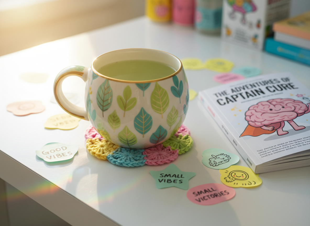 A vibrant, oversized daisy-shaped ceramic mug brimming with mint green herbal tea, adorned with playful leaf motifs along its rounded body. The mug rests on a whimsical, colorful patchwork coaster atop a glossy white blog desk scattered with pastel sticky notes and a cute, illustrated medical journal. Sunlight streams from the side, splashing bright, warm highlights and faint rainbow reflections across the scene. The overall composition is energetic and cheerful, shot from a slightly elevated angle using shallow depth of field. The background is softly blurred with hints of playful doodles on the desk surface. Photographic realism with bold, bright colors and rounded, inviting forms conveys positivity, supporting the playful perspective of the cancer journey blog.